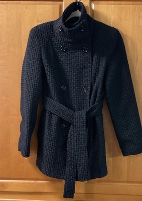 Calvin Klein Womens Black Wool Pea Coat Belted Double Breasted Lined 4