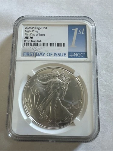 2025 (P) SILVER EAGLE NGC MS70 EAGLE PRIVY FIRST DAY OF ISSUE FDI 1ST LABEL