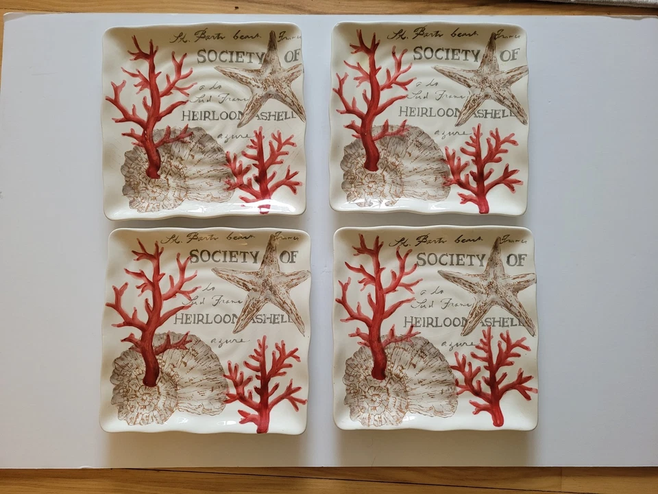 SET OF 4 MAXCERA 9” Square Salad Plates Stamp Sealife Discontinued, Coral Paris - Image 2 of 4