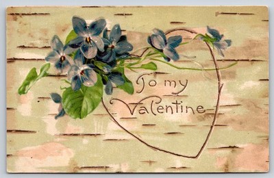 Valentine~Heart Carved Into Birch Tree Back~Violets~Emb~c1910 Vintage Postcard
