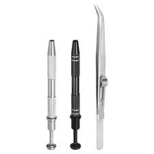 3pcs Stainless Steel Diamond Elbow Tweezer 4 Claw Pick Up Tool Set, Silver/Black