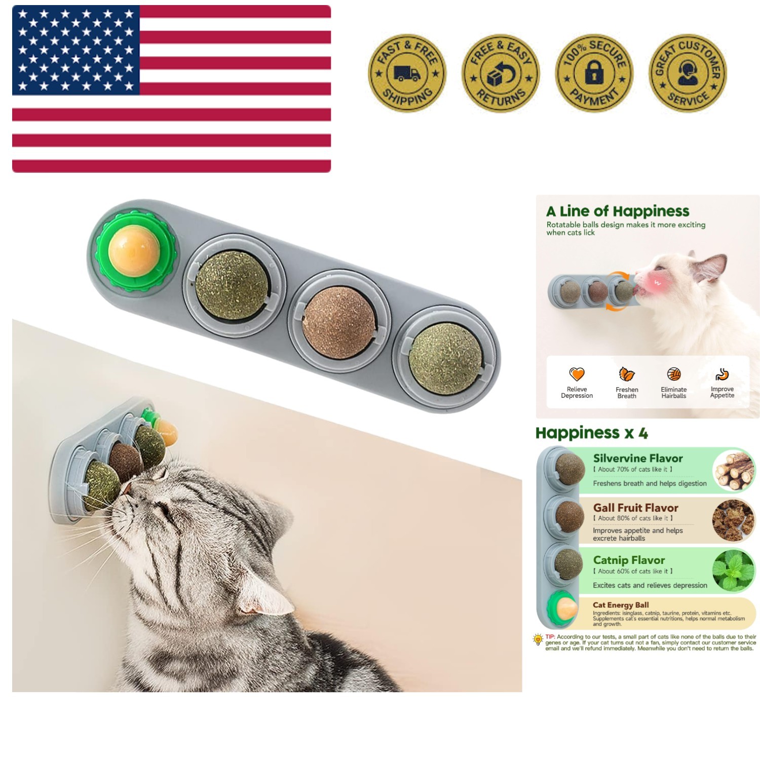4 Catnip Silvervine Ball Toys, Extra Cat Energy Ball, Edible Cats Lick Kitten...