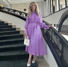 AJE-AU 14/US 10-IRIS LILAC PURPLE BIB LINEN SILK MIDI LONG SLEEVE DRESS