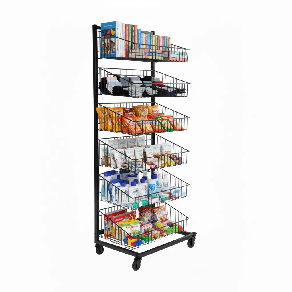Black Heavy Duty Six Tier Mobile Basket Display Stand