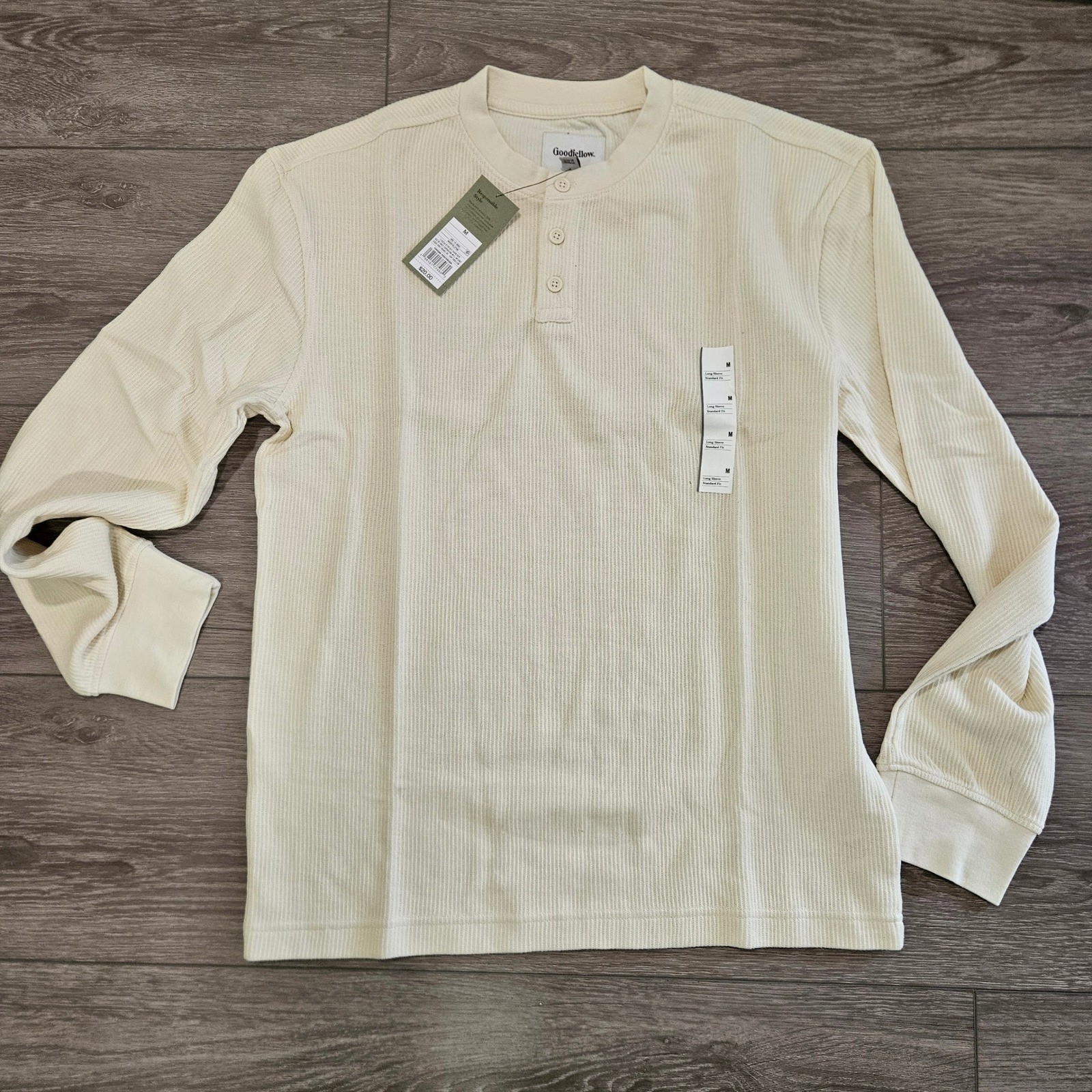 Goodfellow & Co Mens Henley Shirt Cream Off-White Waffle Knit Long Sleeve Medium