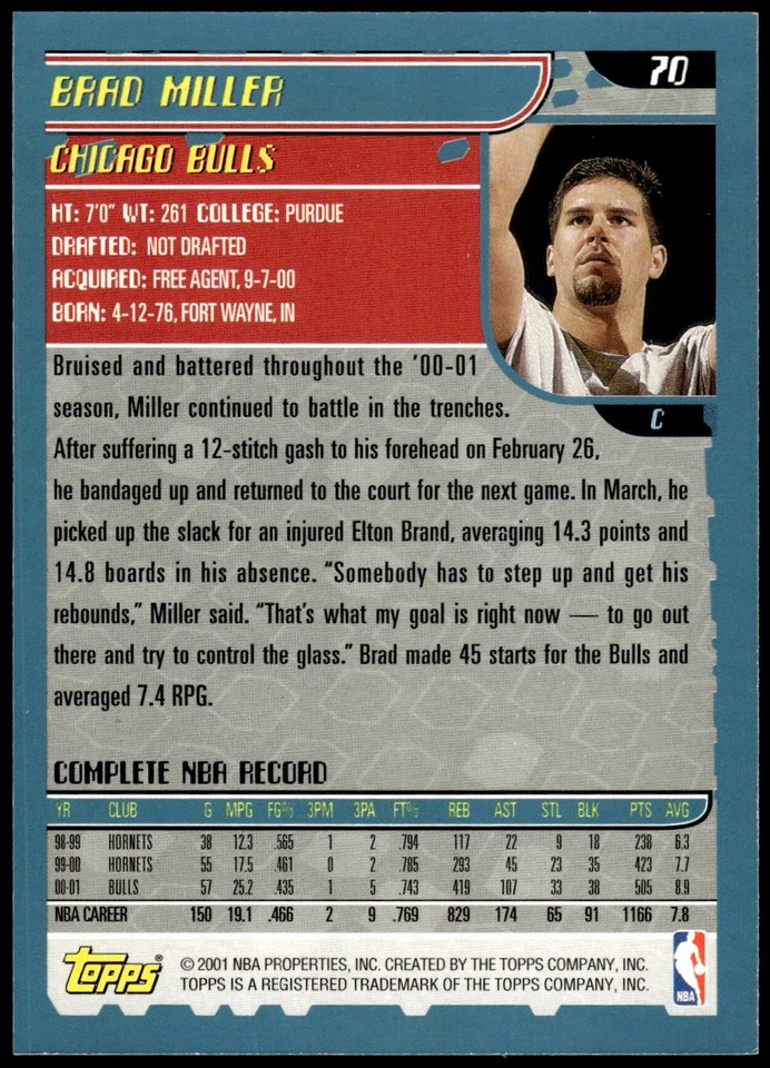 2001-02 Topps #70 Brad Miller - Image 2 of 2