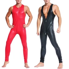 Hot Comfortable Jumpsuit Men 1pc Bodycon Bodysuit Faux Leather Front Zip