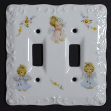 Light Switch Cover Double Angels Children Porcelain Ceramic Glossy Scalloped VTG
