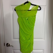 House of CB Adrie Neon Lime Green Ruched Mesh Mini Dress Asymmetric Size S