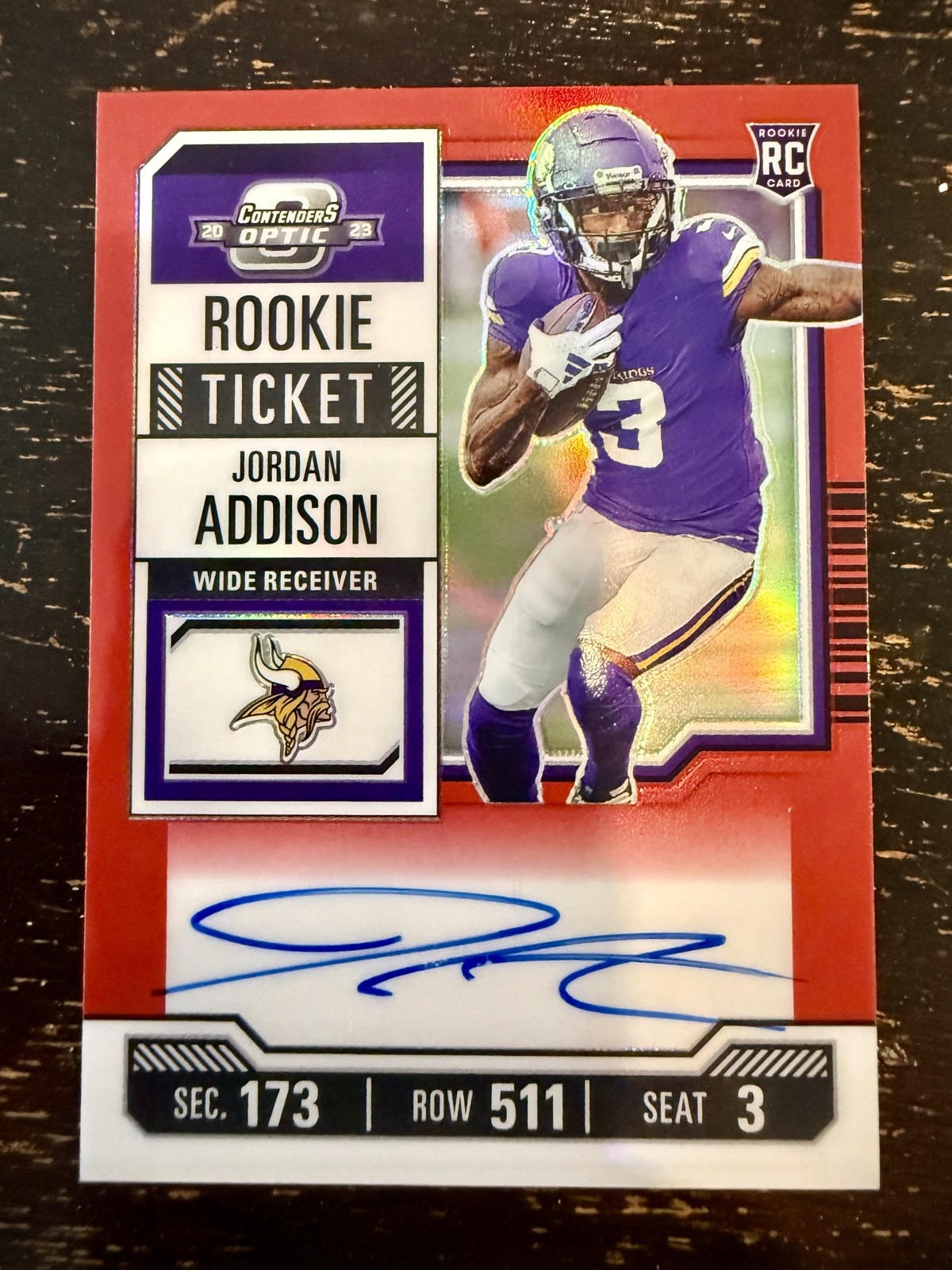 Jordan Addison Rookie Ticket Auto Red /125 2023 Panini Contenders Optic #120