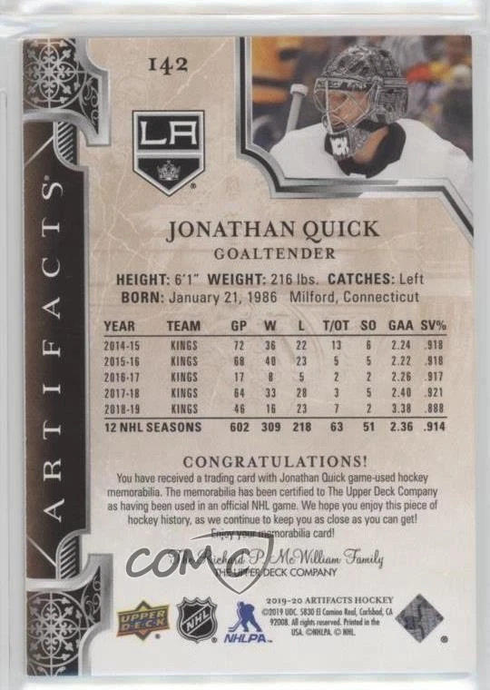 2019-20 Upper Deck Artifacts Stars Gold Material /125 Jonathan Quick #142 - Image 2 of 2