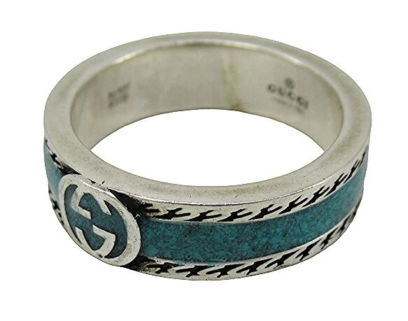 Gucci Bague G Entrelacée Argent 925 Émail Turquoise US8,75 Bijoux