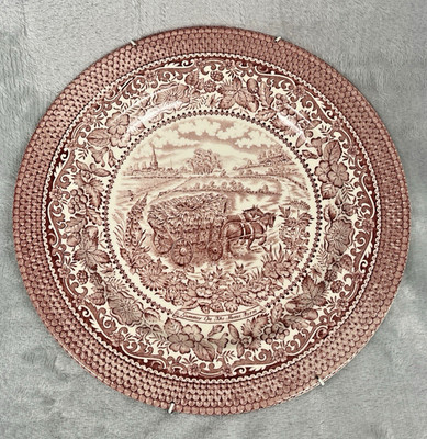 Vintage englisches Eisenstein rosa Transfergeschirr 10,5'' Teller Sommer auf dem heimischen Bauernhof