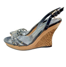 OSCAR DE LA RENTA LAST ZEPPA BLACK PATENT WEDGE SANDALS ITALY SZ 37 / US 7