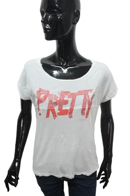 Guess T-Shirt Damen L Weiß Mit Aufschrift PRETTY Nieten Glam Shirt Gebraucht - Bild 1 von 4