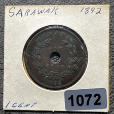 1892 H Sarawak One Penny With Hole. Sir Charles Johnson Rajah. Copper. Rare.
