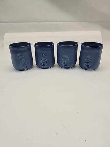 Studio Pottery Blue Handle Less Mugs Tumblers Signed,  Set Of 4 Unique 