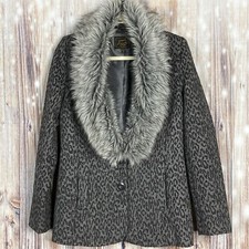 Frenchi Womens Wool Faux Fur Jacket Ladies Medium Two Button Gray Dress Casual