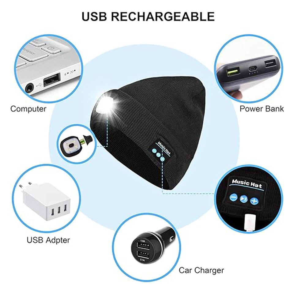 Bluetooth LED Beanie Hat with Music Speakers Mic Rechargeable Cap Head Lamp Gift - Image 3 of 4