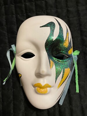 Decorative Mardi Gras mask 7.5  X 5  yellow green glitter peacock 