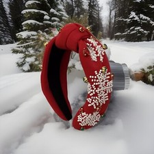 Red Christmas Holiday Women  s Headband- Snowflakes  Gems