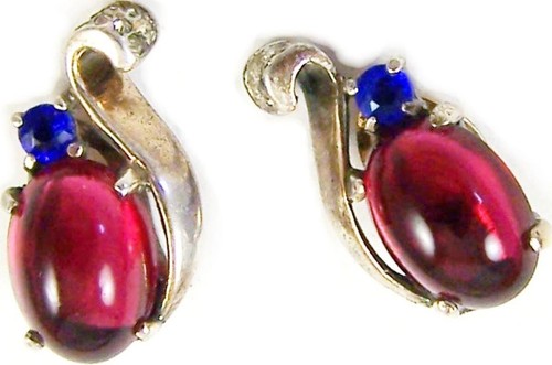 TRIFARI A. Philippe Sterling Ruby & Sapphire Cabochon Sword/Dagger Pin Earrings - Foto 13 di 22