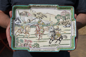 Antique Chinese 19thCentury Qing Dynasty Canton Enamel on Copper Tray Warriors B