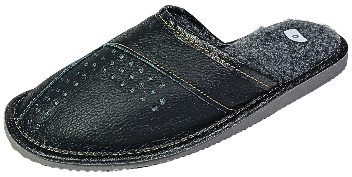 Herren Leder Hausschuhe Schwarz Rindsleder Schafwolle Pantoffeln Warm Gr.40-47