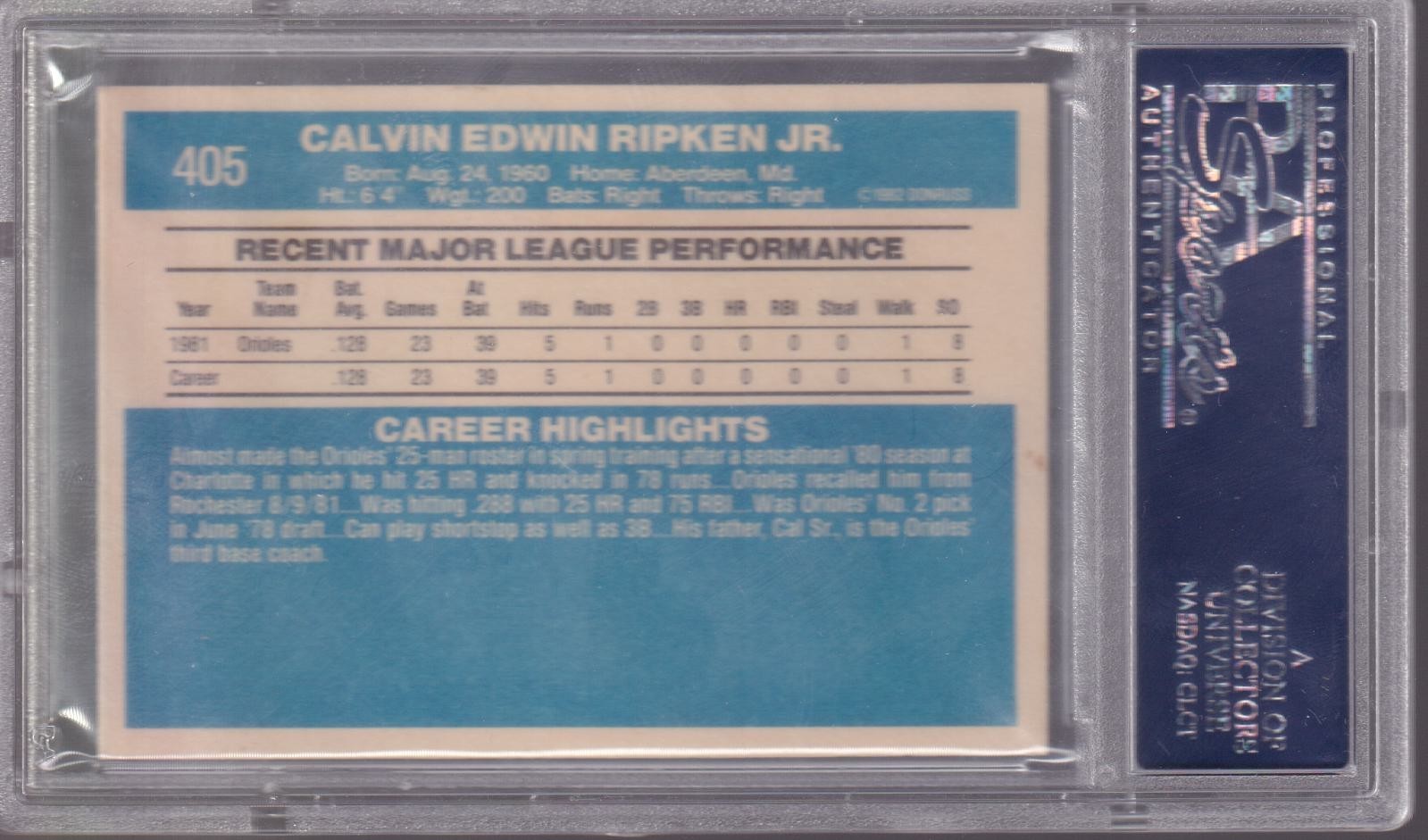 1982 Donruss Cal Ripken Jr #405 Rookie RC PSA 8 view 2