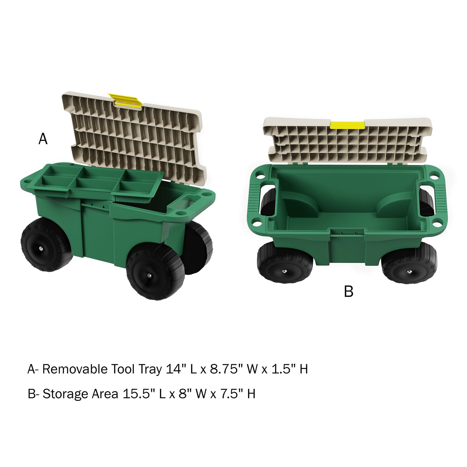 Pure Garden Rolling Garden Cart with Seat - Storage with Tool Tray (Green)