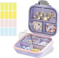 Travel Pill Organizer Box with Labels, 7 Compartments Portable Mini S, Purple