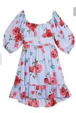 Rare Editions Blue Floral Bubble Sleeve Tie Back Dress Girls Sz 10
