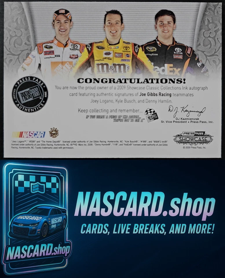 2012 Classic Collections Ink Joey Logano Denny Hamlin Kyle Busch Green #/5 - Image 2 of 2