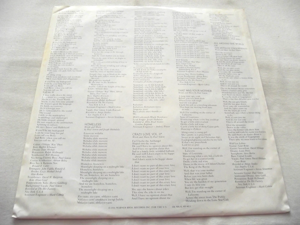 PAUL SIMON ~ GRACELAND ** 1986 EU WARNER BROS. LP - Image 3 of 3