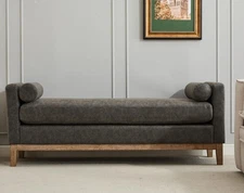 KEIKI Oversize PU Bench Ottoman 2 Bolster Pillows & Wood Legs End of Bed GRAY