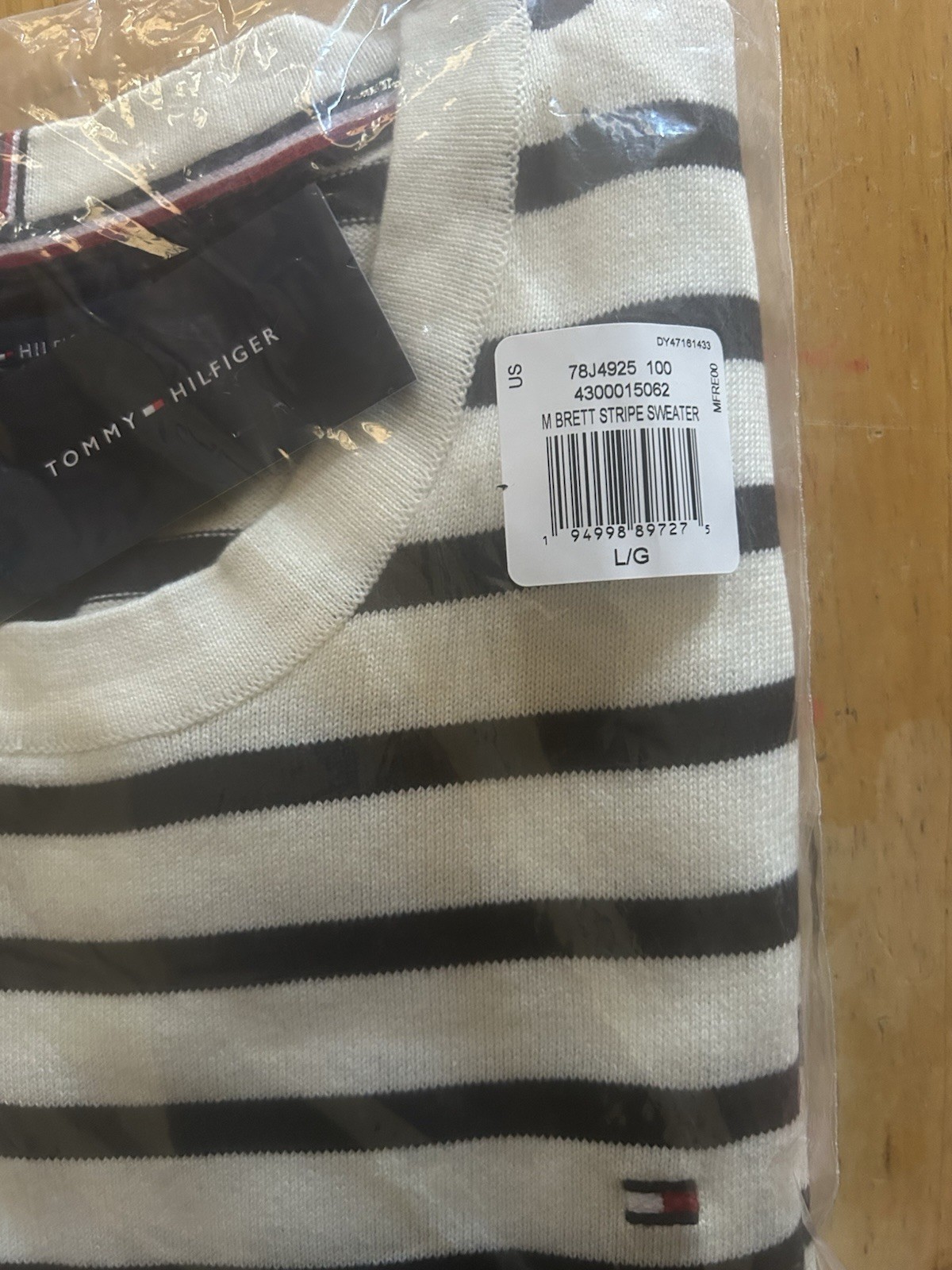Tommy Hilfiger Essential Stripe Sweater White Suede Navy Men’s LARGE New image 6