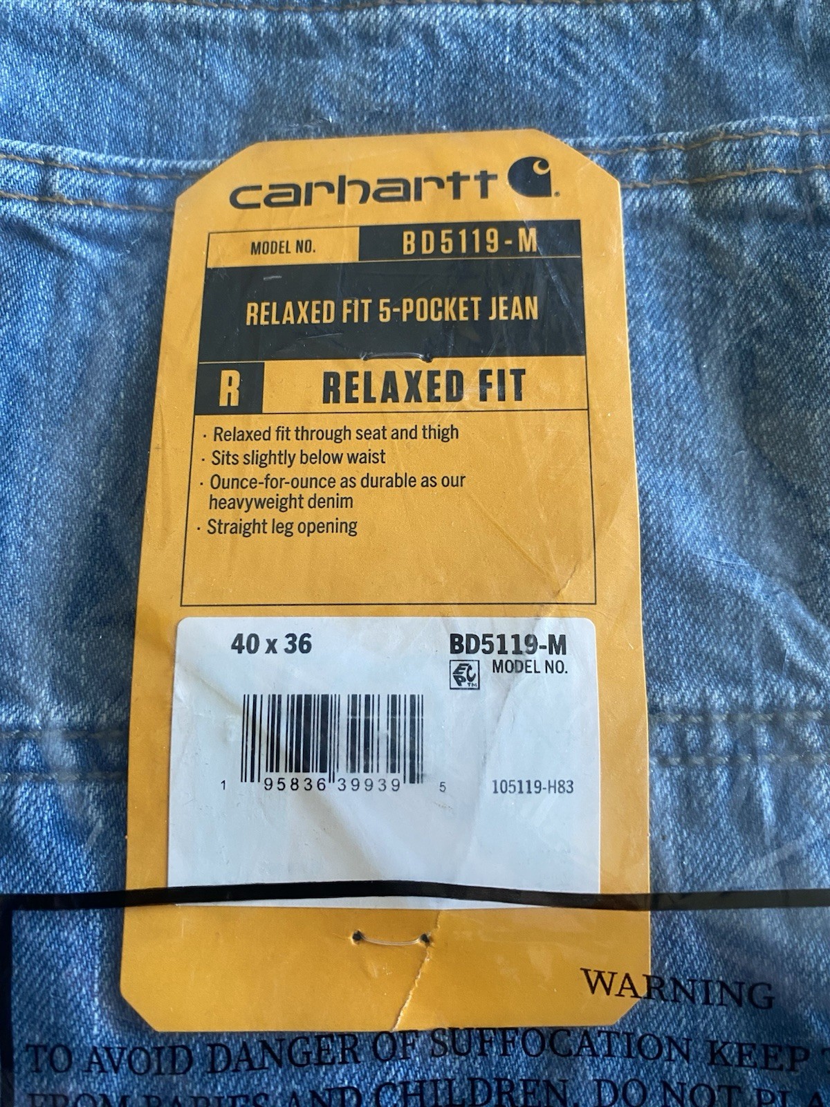 Carhartt Jeans Men's 40x36 Denim Lot 2 Relaxed Fit Medium Wash BD5119-M Straight thumbnail 2