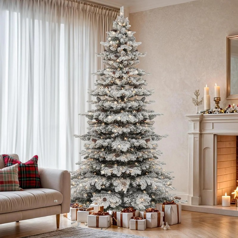 7.5ft Flocked Prelit Christmas Tree w/ Remote 1278 Tips 550 Lights 55 Pine Cones