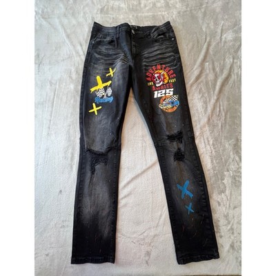 rue21 Jeans Mens 36/32 Black Graphic Distressed Moto Racing Paint Drip