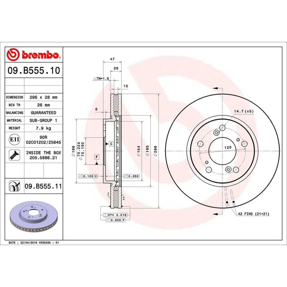 Ротор переднего дискового тормоза Brembo подходит для Honda Odyssey 2005 2006 2007 2008 2009 2010 годов выпуска - Изображение 2 из 4