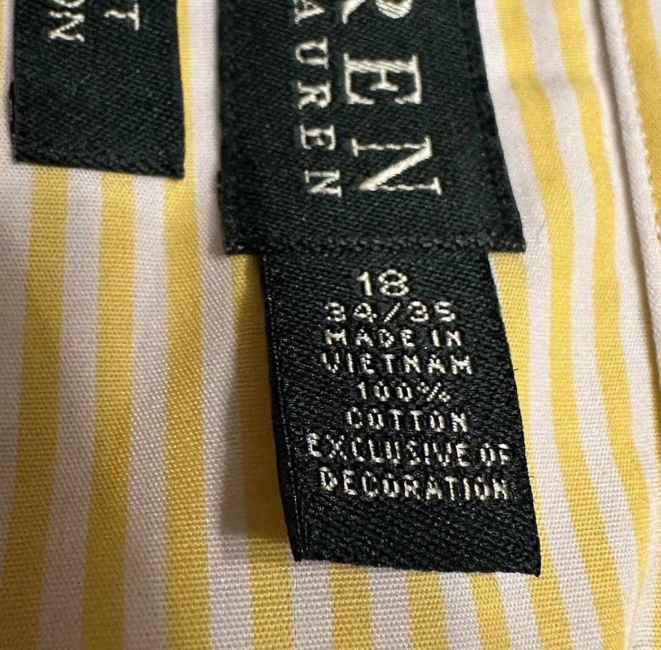 Lauren Ralph Lauren Yellow Striped Dress Shirt Men’s 18 34/35 Slim Fit Non Iron - Image 4 of 4