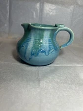 Jk Dryden Signed 1977 Blue Pitcher Drip Glaze Blue with White And Green Accents 