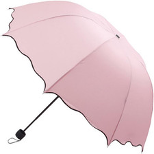 Dome Parasol Sun-Rain Umbrella,Triple Folding Ruffled Anti-Uv Parasol Pink 