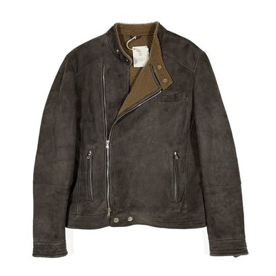 Brunello Cucinelli Suede Shearling Moto Leather Jacket Brown Size M