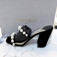 Sandali Jimmy Choo Amara 85 neri scamosciati perle tacco a blocco taglia 40 prezzo al dettaglio consigliato 975