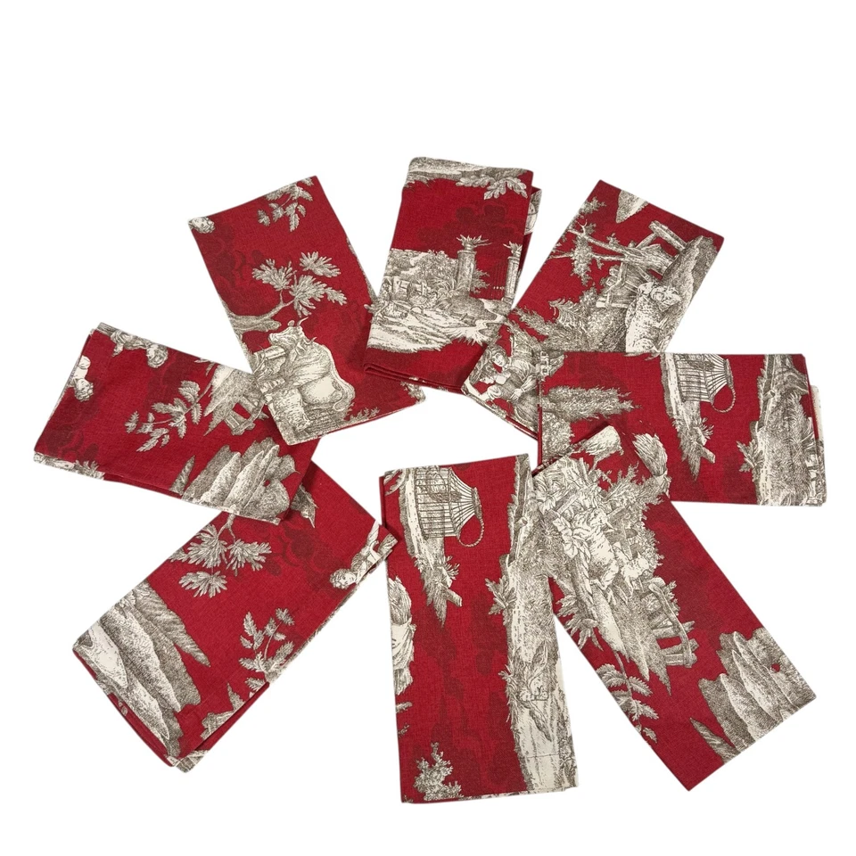 William Sonoma Red Toile de Jouy Autumn Rectangle Tablecloth Napkins Set Of 8 - Image 3 of 4