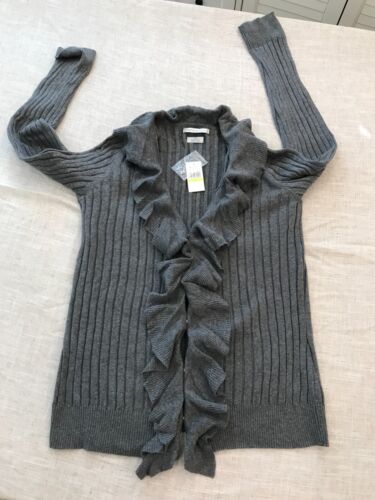NEU! Van Heusen grau 100 % Baumwolle Rüschen Strick Cardigan Pullover Damen "Medium"