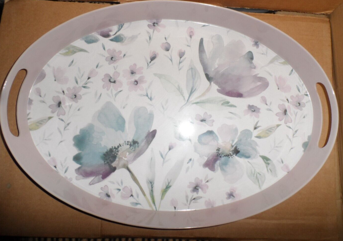 Matalan Lilac Grey Floral Large Oval Melamine 49x35x6cm Drinks Serving Tray