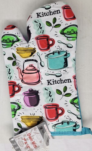 "Tela Impresa Cocina 12" Horno Mitt, COLORIDAS OLLAS Y PLATOS DE COCINA, azul agua, HS - Imagen 5 de 12