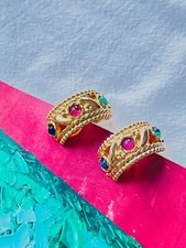 Christian Dior Vintage Gripoix Emerald Sapphire Ruby Dome Half Hoop, Earrings